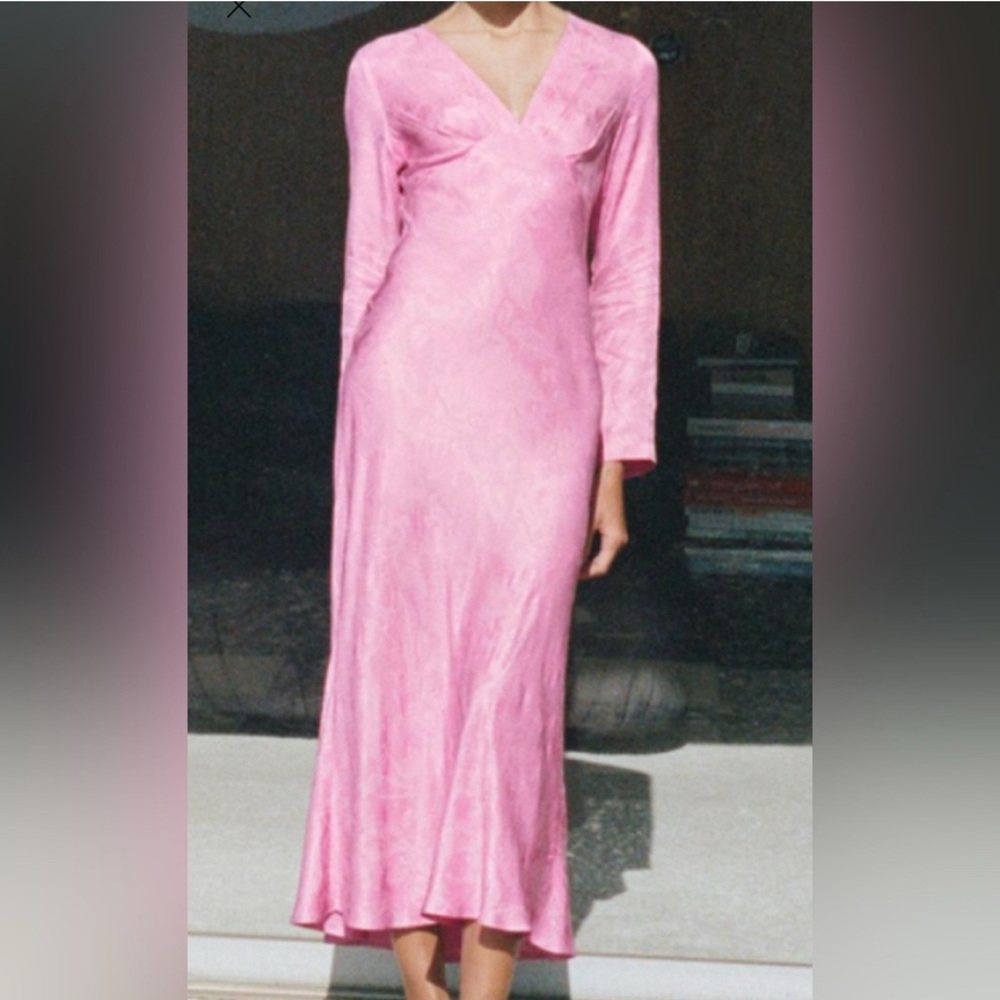 Zara Jacquard Pink Midi Long Sleeve Dress